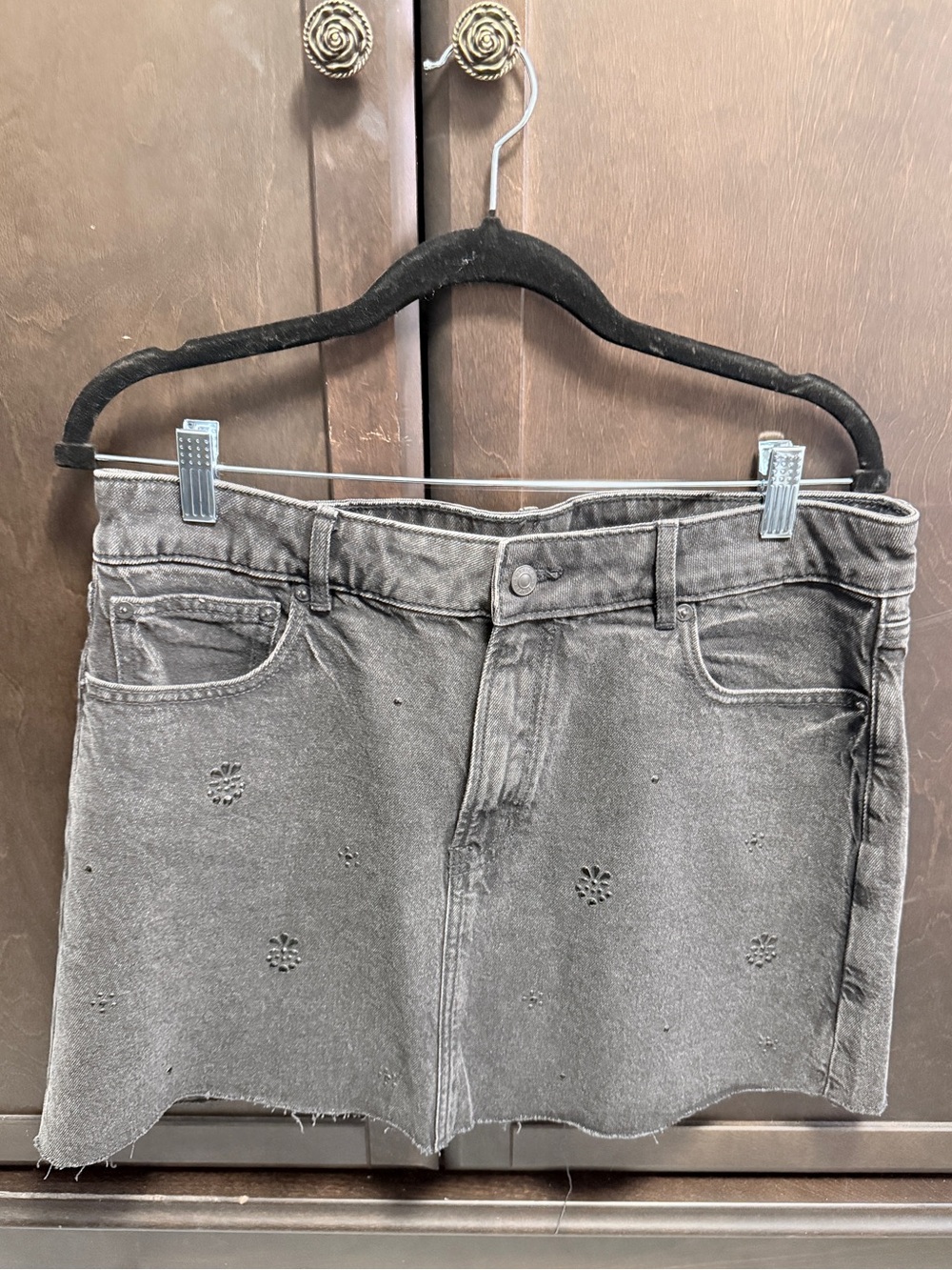 American Eagle Black Washed Denim Mini Skirt with Eyelet Details